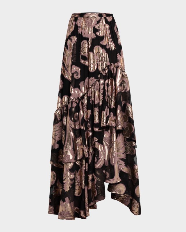 Metallic Floral Tiered Ruffle Maxi Skirt